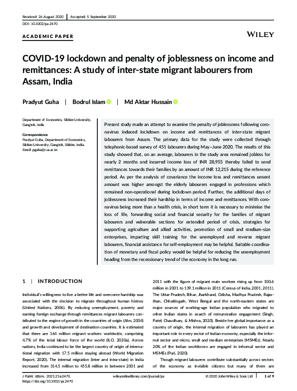 (PDF) COVID ‐19 lockdown and penalty of joblessness on income and ...