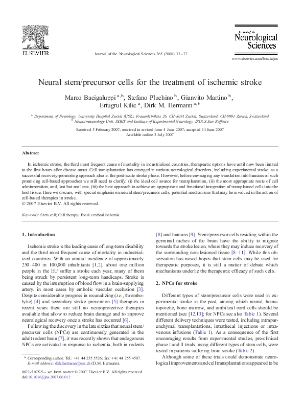 (PDF) Neural stem/precursor cells for the treatment of ischemic stroke