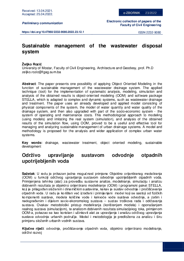 (PDF) Sustainable management of the wastewater disposal system