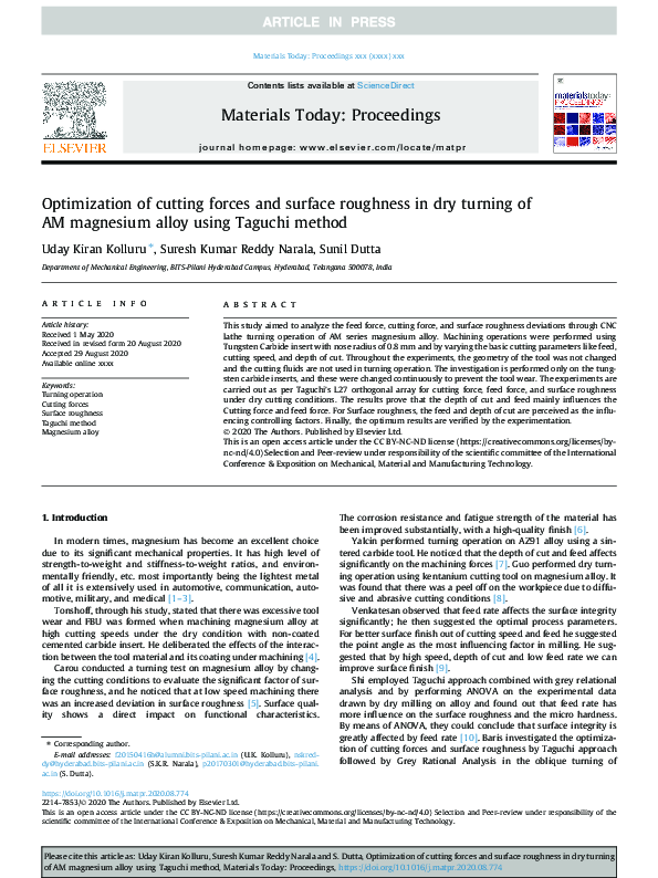 (PDF) Optimization of cutting forces and surface roughness in dry ...
