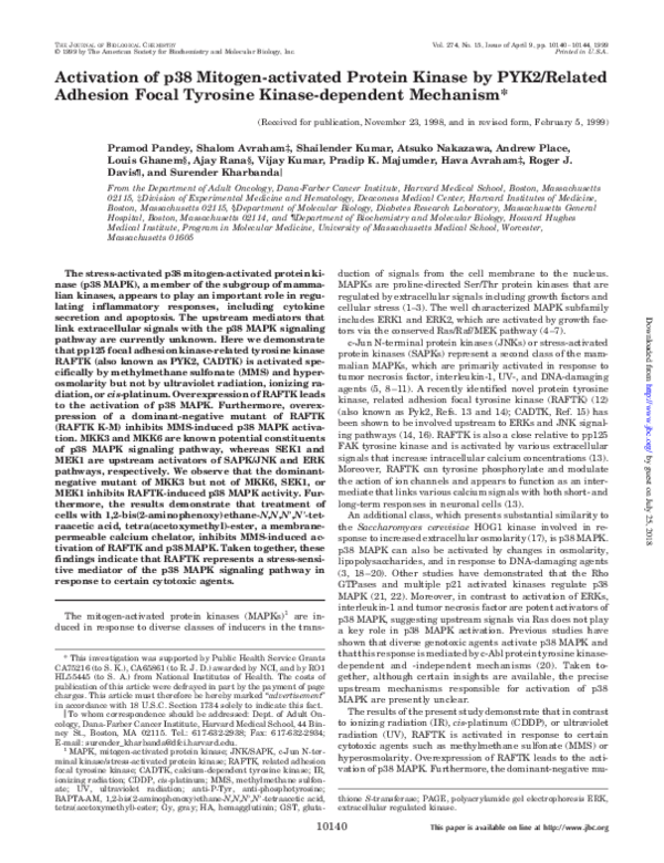 (PDF) Activation of p38 Mitogen-activated Protein Kinase by PYK2 ...