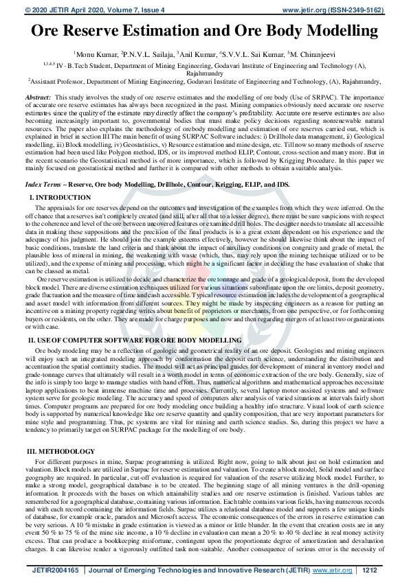 Pdf Ore Reserve Estimation And Ore Body Modelling Pdf Ore Reserve Estimation And Ore Body Modelling