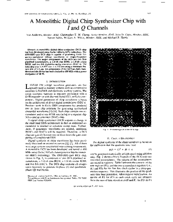 A monolithic digital chirp synthesizer chip with I and Q channels