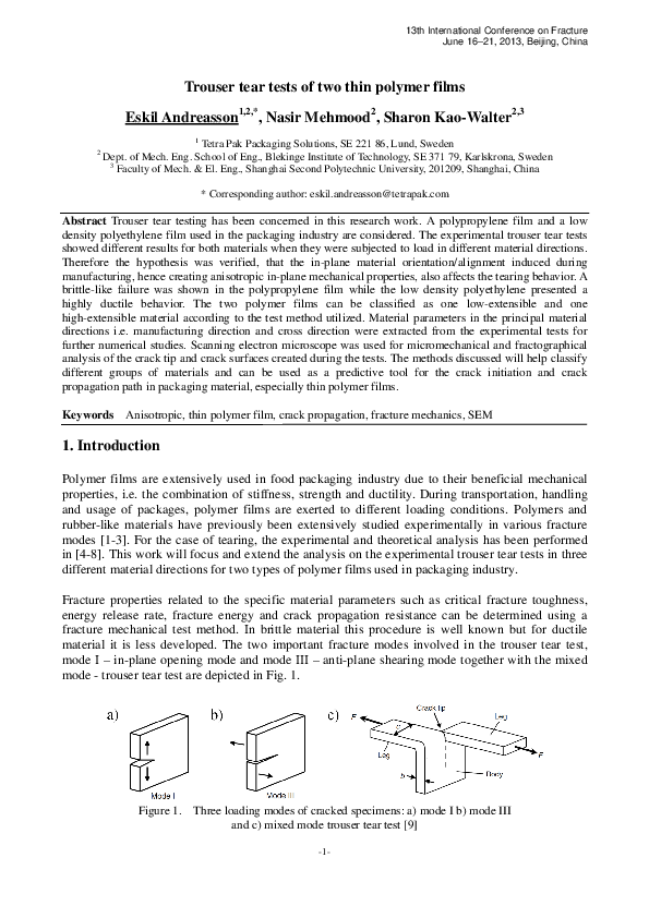 (PDF) Trouser tear tests of two thin polymer films