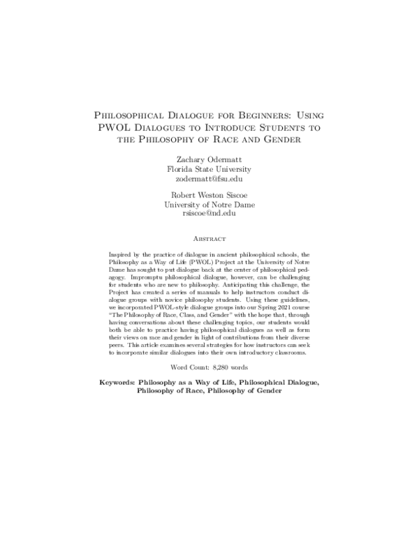 (PDF) Philosophical Dialogue for Beginners: Using PWOL Dialogues to ...
