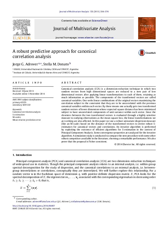 (PDF) A robust predictive approach for canonical correlation analysis