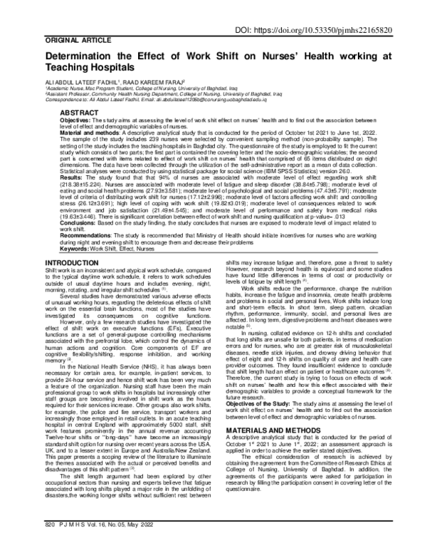 (PDF) Determination the Effect of Work Shift on Nurses’ Health working ...