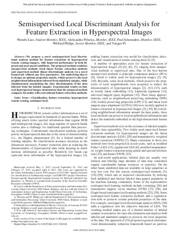 (PDF) Semisupervised Local Discriminant Analysis for Feature Extraction ...