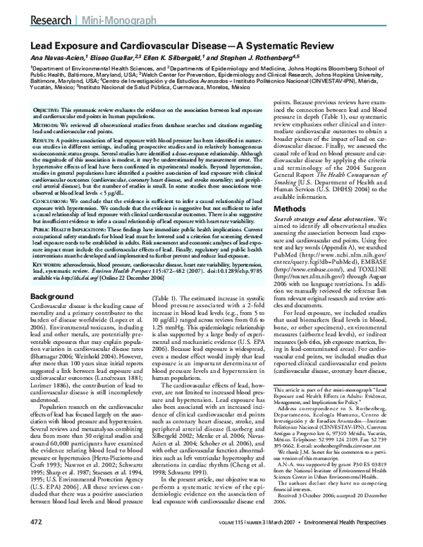 (PDF) Lead Exposure and Cardiovascular Disease—A Systematic Review