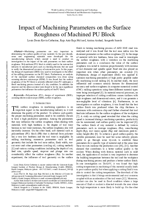 (PDF) Impact Of Machining Parameters On The Surface Roughness Of ...