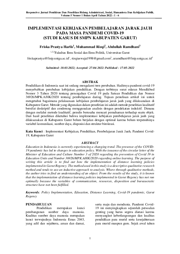 (PDF) Implementasi Kebijakan Pembelajaran Jarak Jauh Pada Masa Pandemi ...
