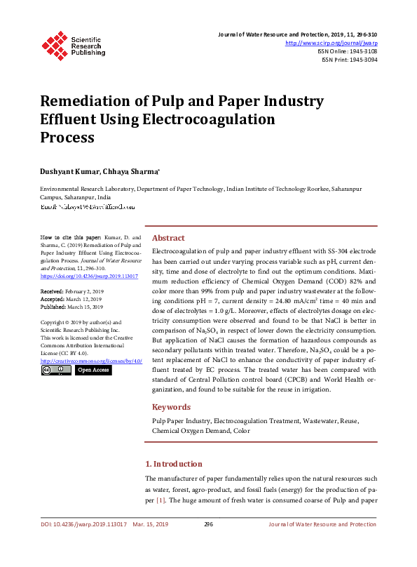 (PDF) Remediation of Pulp and Paper Industry Effluent Using ...