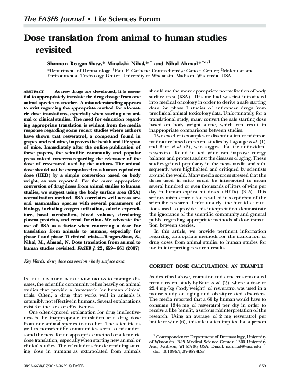 (PDF) Dose translation from animal to human studies revisited