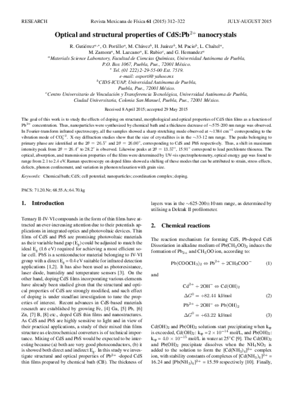 (PDF) Optical and structural properties of CdS:Pb 2+ nanocrystals