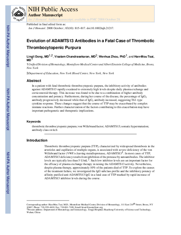(PDF) Evolution of ADAMTS13 antibodies in a fatal case of thrombotic ...