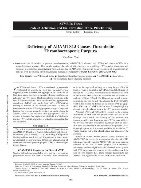 (PDF) Deficiency of ADAMTS13 causes thrombotic thrombocytopenic purpura ...