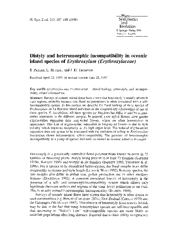 (PDF) Distyly and heteromorphic incompatibility in oceanic island ...