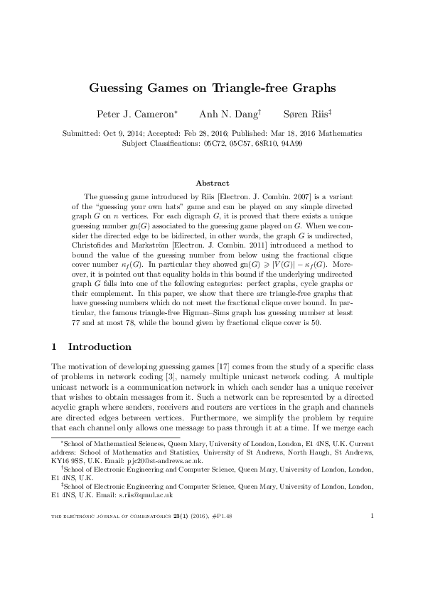 (PDF) Guessing Games on TriangleFree Graphs Anh Khoi Dang Academia.edu