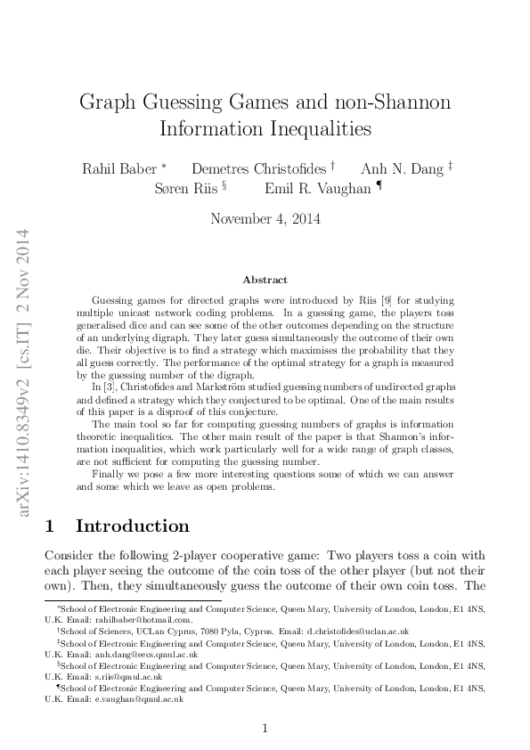 (PDF) Graph Guessing Games and Non-Shannon Information Inequalities