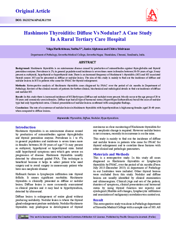 Pdf Hashimoto Thyroiditis Diffuse Vs Nodular A Case Study In A Rural