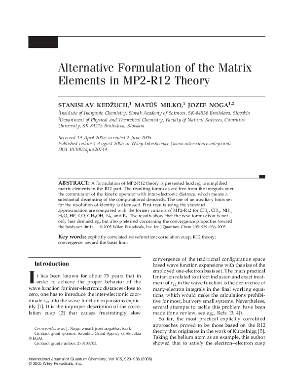 (PDF) Alternative formulation of the matrix elements in MP2-R12 theory