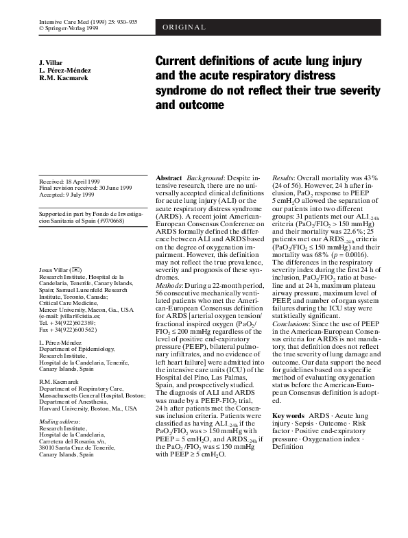 (PDF) Current definitions of acute lung injury and the acute ...