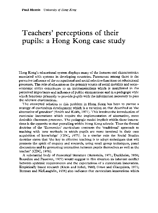 (PDF) Teachers’ perceptions of their pupils: a Hong Kong case study