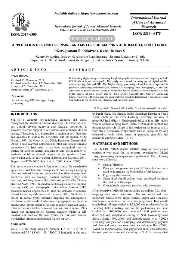 (PDF) Application of Remote Sensing and GIS for Soil Mapping of Kolli ...