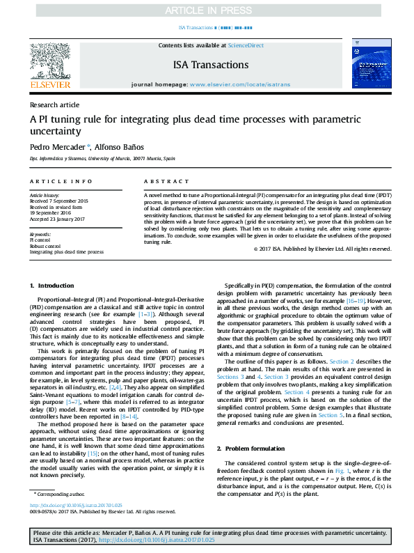 (PDF) A PI tuning rule for integrating plus dead time processes with ...