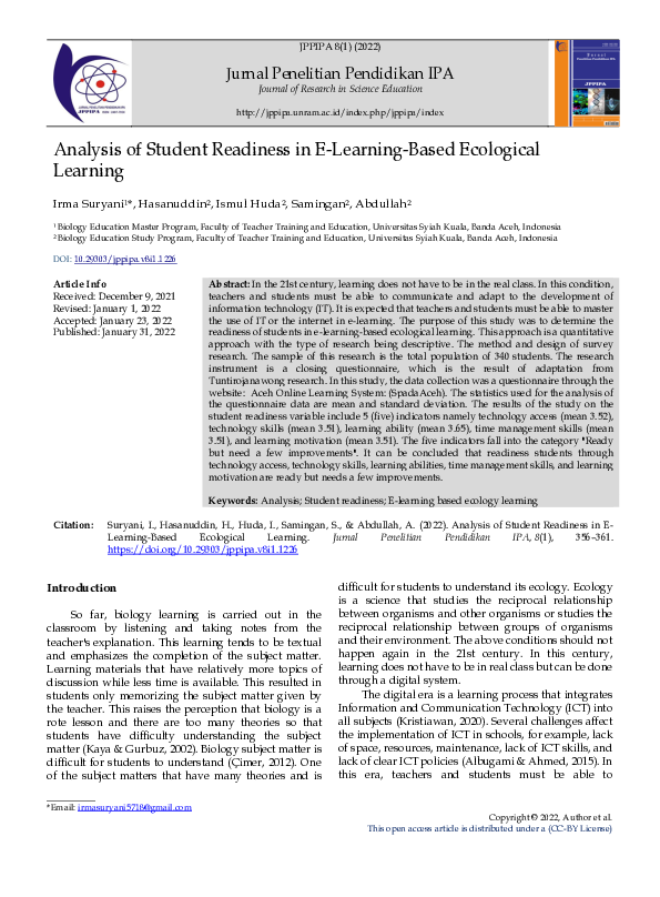 (PDF) Analysis of Student Readiness in E-Learning-Based Ecological Learning