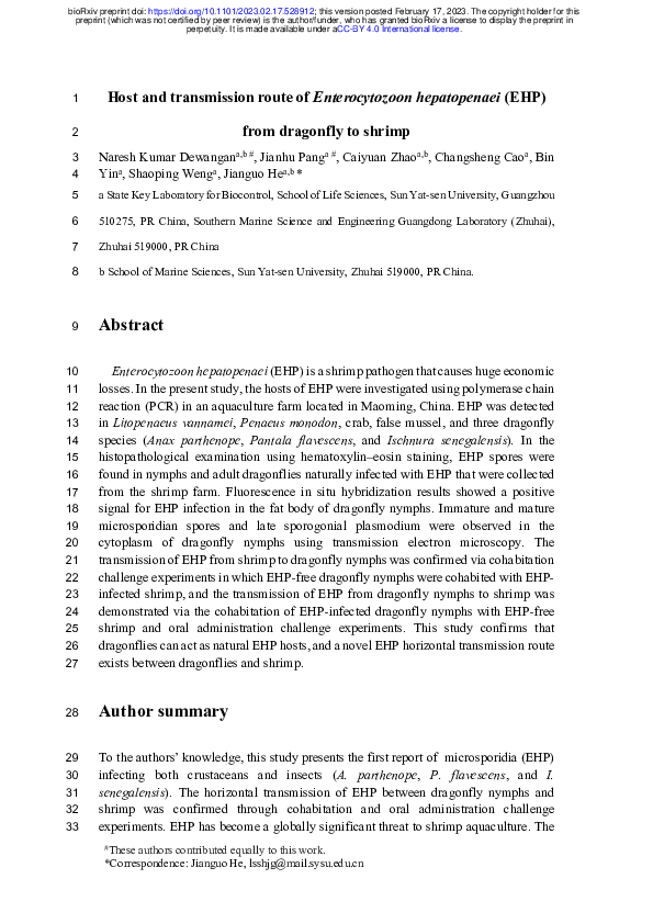 (PDF) Host and transmission route of Enterocytozoon hepatopenaei (EHP ...