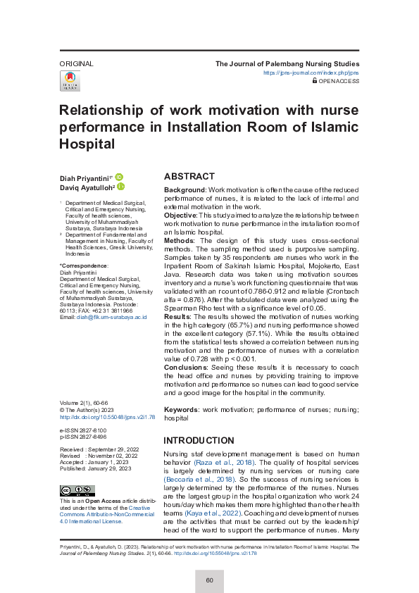 (PDF) Relationship of work motivation with nurse performance in ...