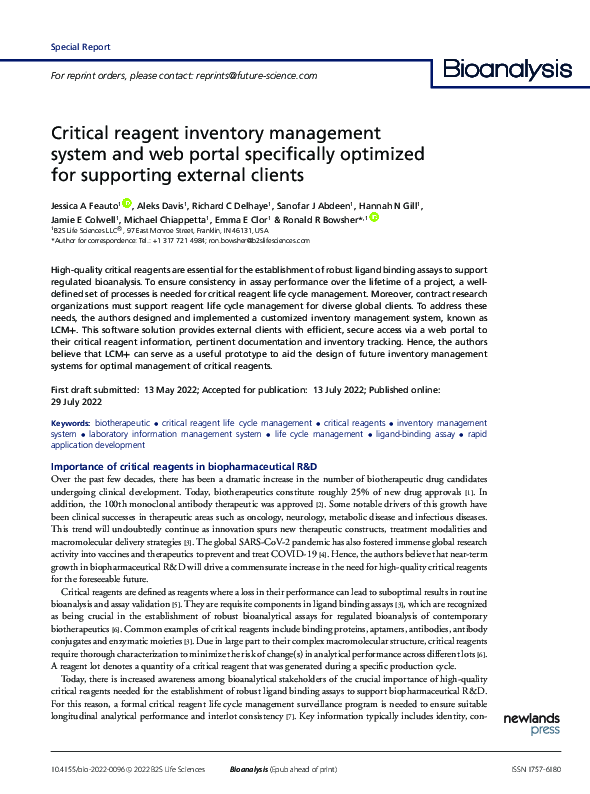 (PDF) Critical reagent inventory management system and web portal