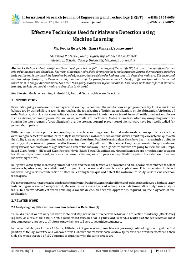 (PDF) Effective Technique Used for Malware Detection using Machine Learning