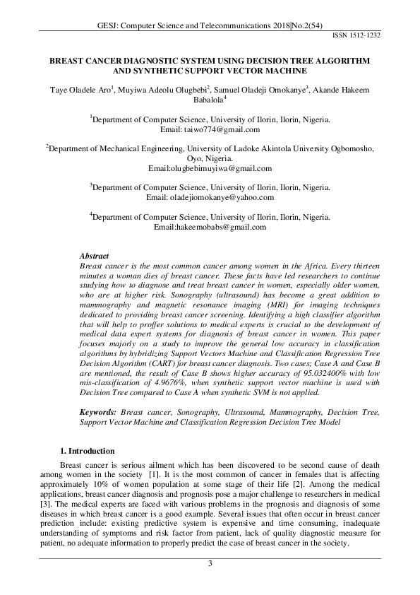 (PDF) BREAST CANCER DIAGNOSTIC SYSTEM USING DECISION TREE ALGORITHM AND ...