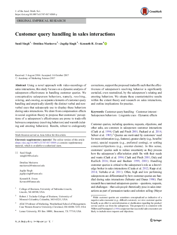 (PDF) Customer query handling in sales interactions