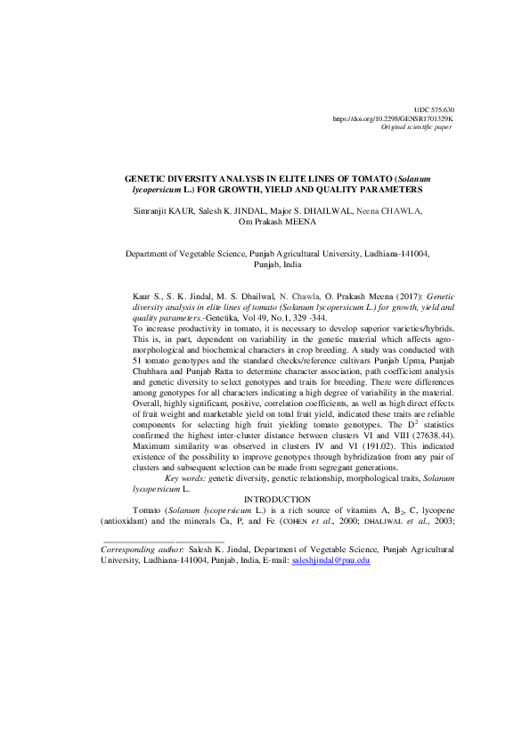 (PDF) Genetic diversity analysis in elite lines of tomato (Solanum ...