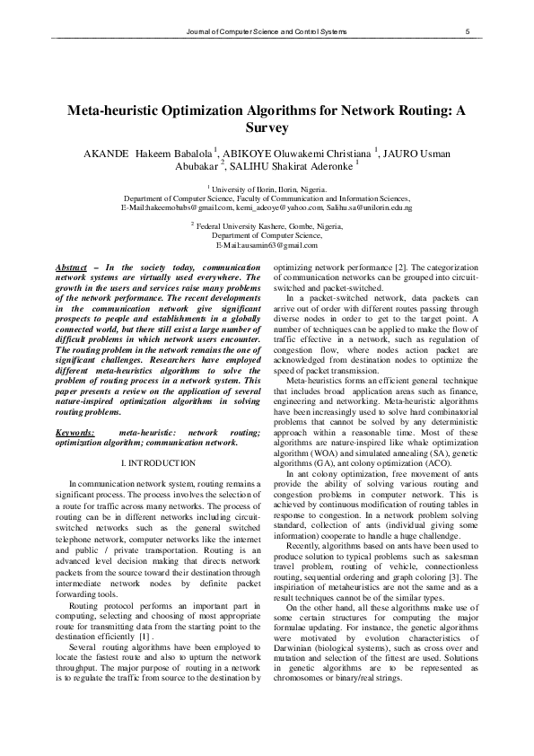 (PDF) Meta-heuristic Optimization Algorithms for Network Routing: A Survey