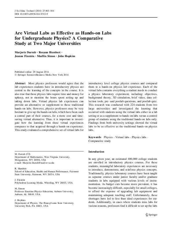 (PDF) Are Virtual Labs as Effective as Hands-on Labs for Undergraduate ...