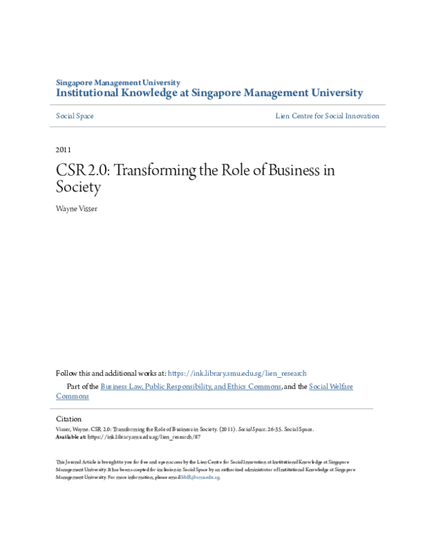 (PDF) CSR 2.0: Transforming the Role of Business in Society