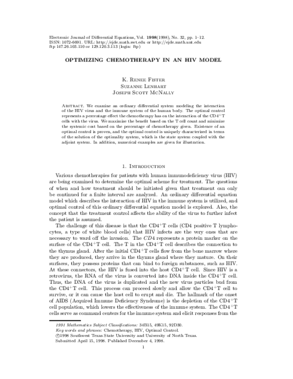Pdf Optimizing Chemotherapy In An Hiv Model