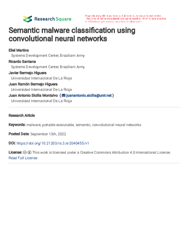 (PDF) Semantic malware classification using convolutional neural networks