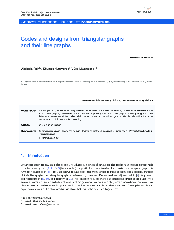 (PDF) Codes and designs from triangular graphs and their line graphs
