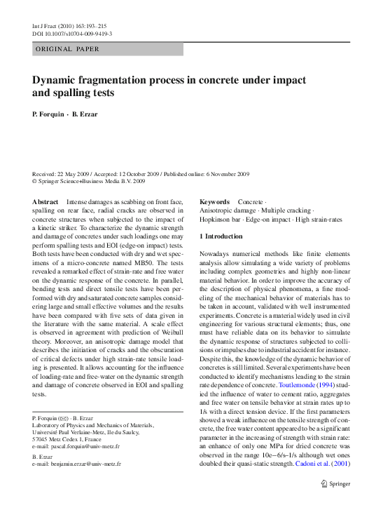 (PDF) Dynamic fragmentation process in concrete under impact and ...