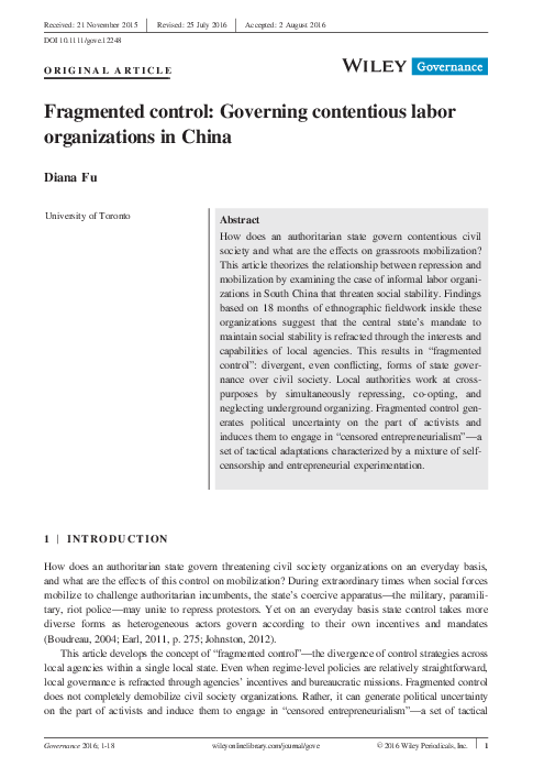 (PDF) Fragmented control: Governing contentious labor organizations in ...