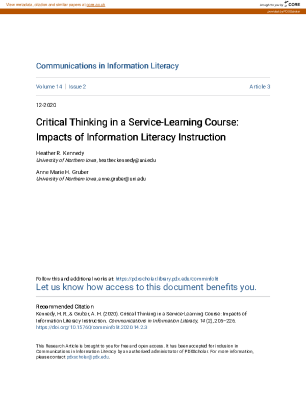 (PDF) Critical Thinking in a Service-Learning Course: Impacts of ...