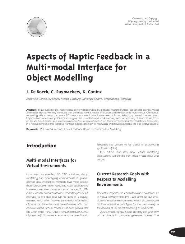 (PDF) Aspects of Haptic Feedback in a Multi-modal Interface for Object ...