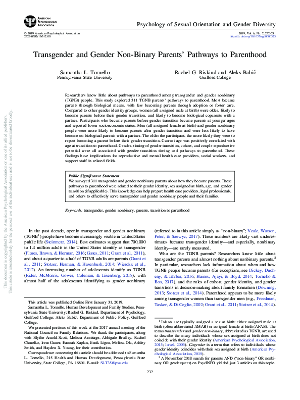 (PDF) Transgender and Gender Non-Binary Parents' Pathways to Parenthood