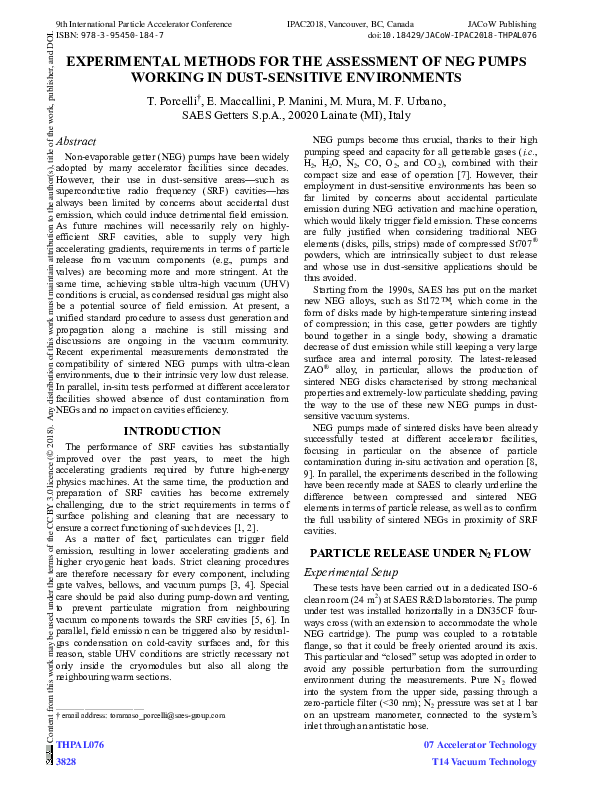 (PDF) Experimental Methods for the Assessment of NEG Pumps Working in ...