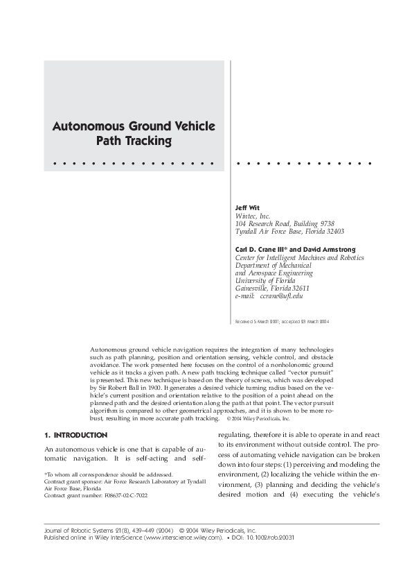 (PDF) Autonomous ground vehicle path tracking David Armstrong